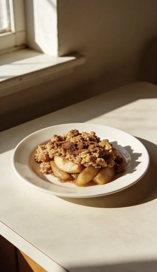 Delicious cinnamon apple crisp dessert topped with crumbly cinnamon mixture.