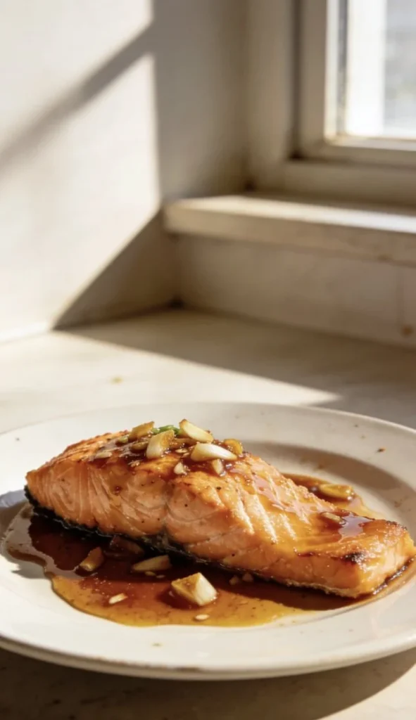 Plate of classic honey garlic salmon garnished with herbs