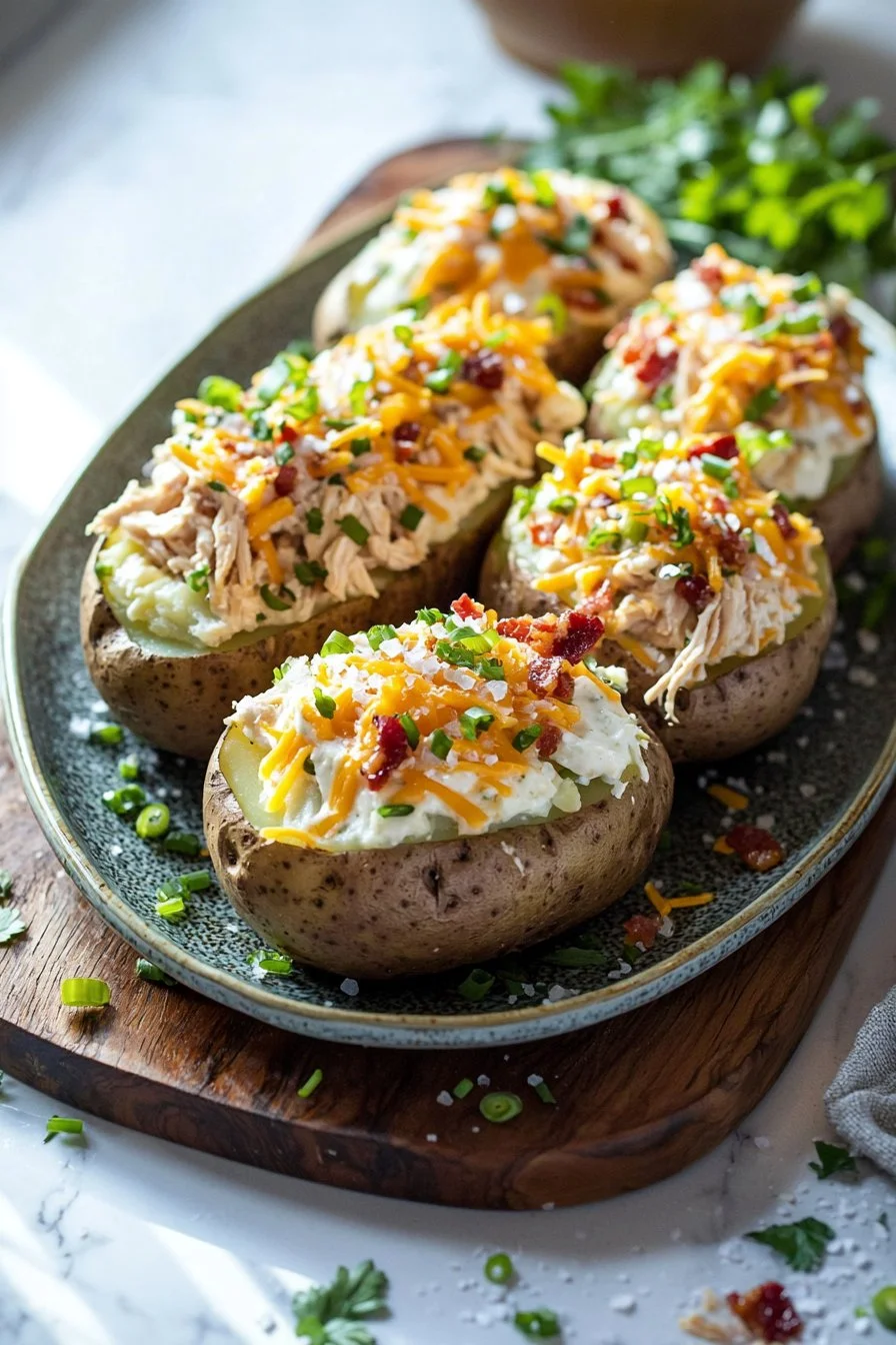 Delicious Crack Chicken stuffed baked potatoes ready to serve