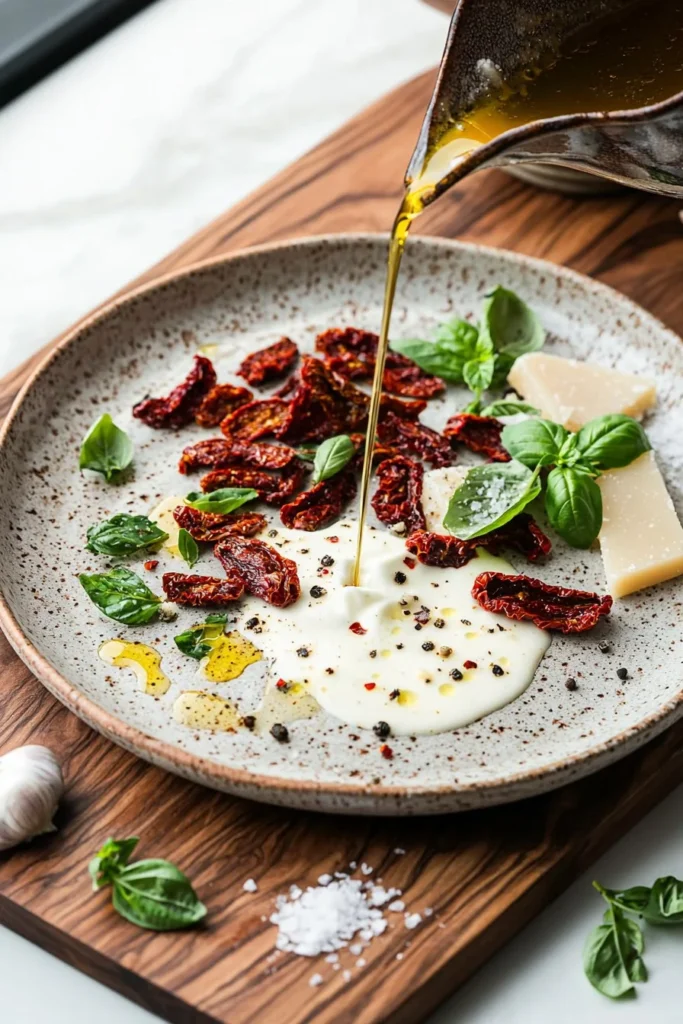 Creamy sundried tomato dish with fresh herbs and pasta