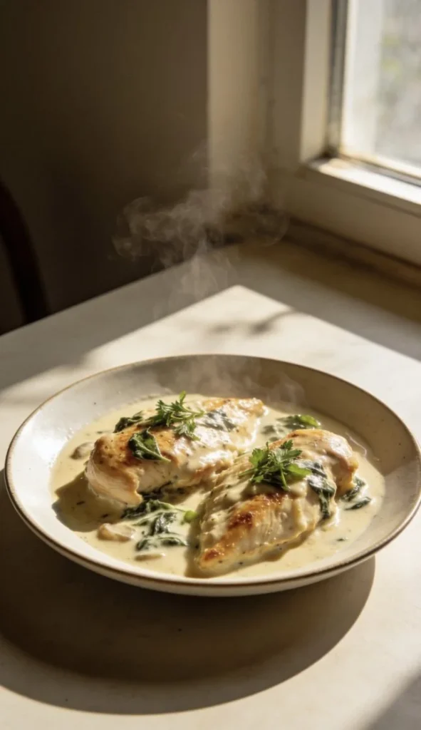 Creamy Tuscan chicken served with fresh herbs and vegetables