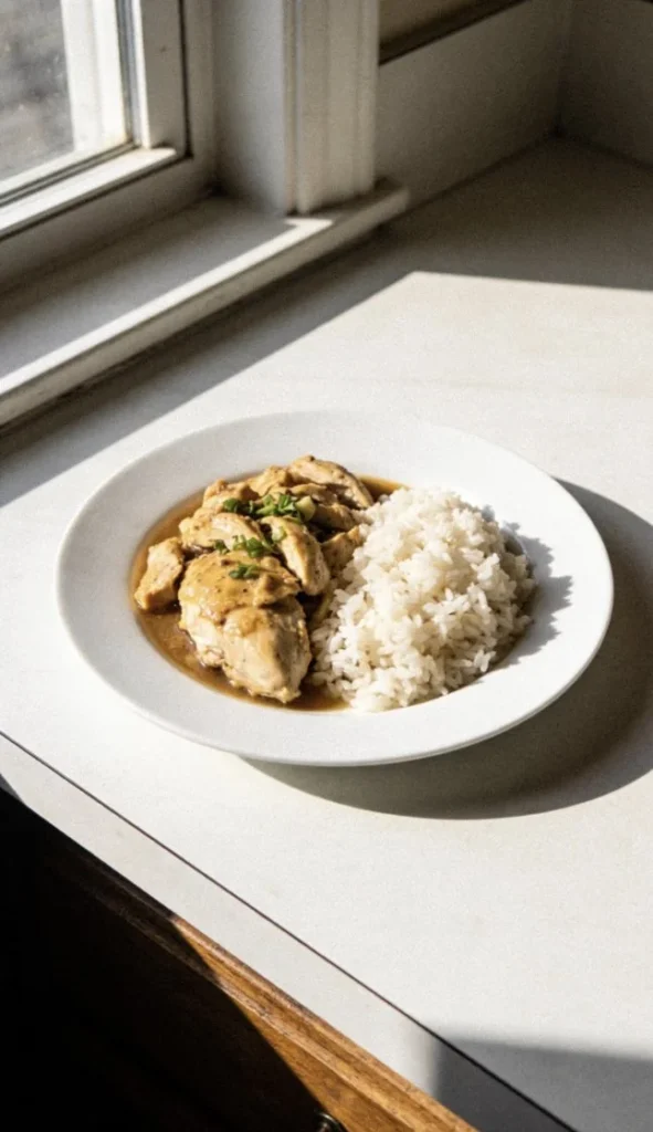 Crockpot chicken and rice served in a bowl with fresh herbs.