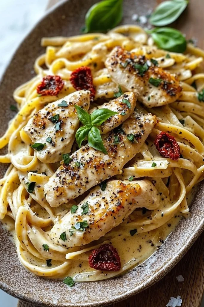 Dairy Free Marry Me Chicken Pasta served in a bowl, garnished with herbs.
