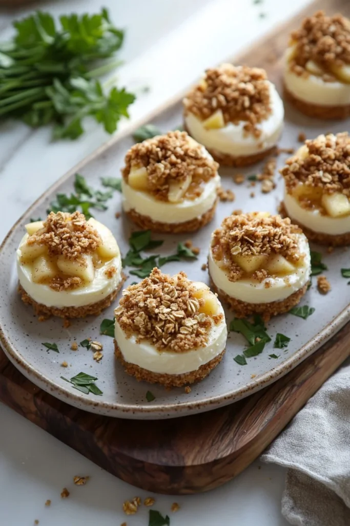 Easy Apple Crisp Mini Cheesecakes with a crumbly topping and apple slices.