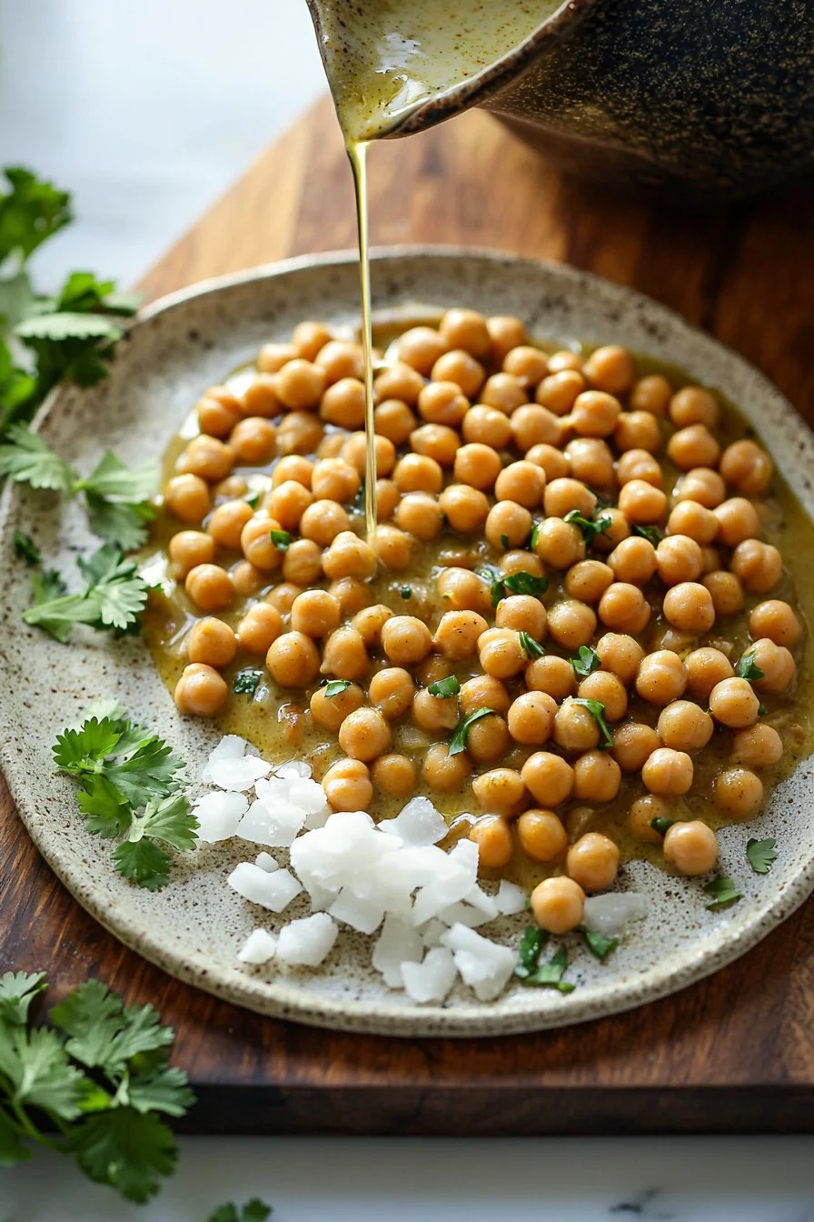 Bowl of easy chickpea curry garnished with cilantro and served with rice