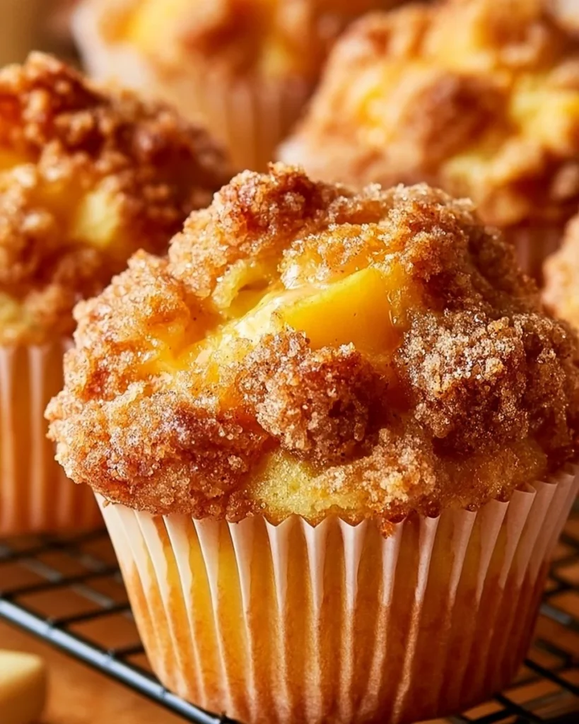 Delicious easy peach cobbler muffins fresh out of the oven.