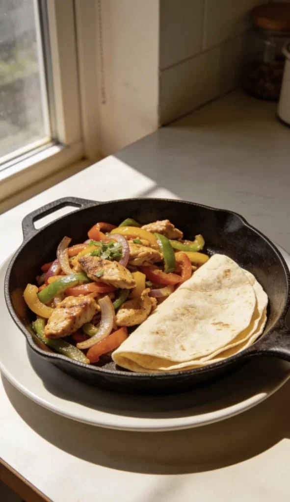 Easy skillet chicken fajitas served with colorful bell peppers and onions.