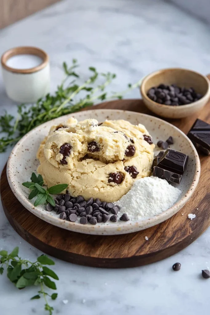 Bowl of edible cookie dough with chocolate chips and a spoon