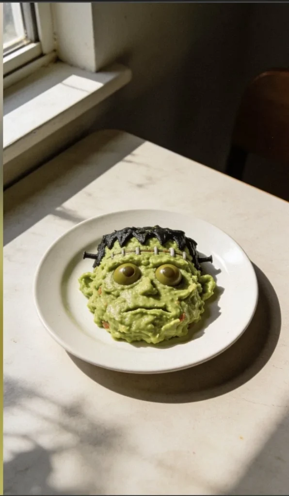 Spooky Frankenstein Guacamole in a bowl, perfect for Halloween festivities.