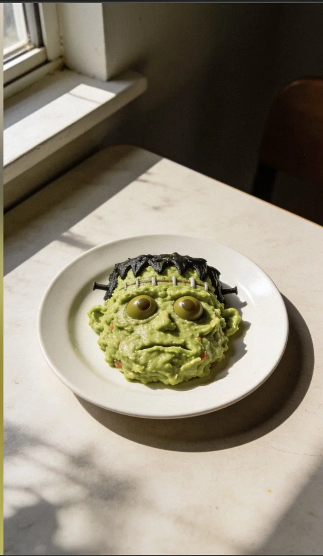 Spooky Frankenstein Guacamole in a bowl, perfect for Halloween festivities.