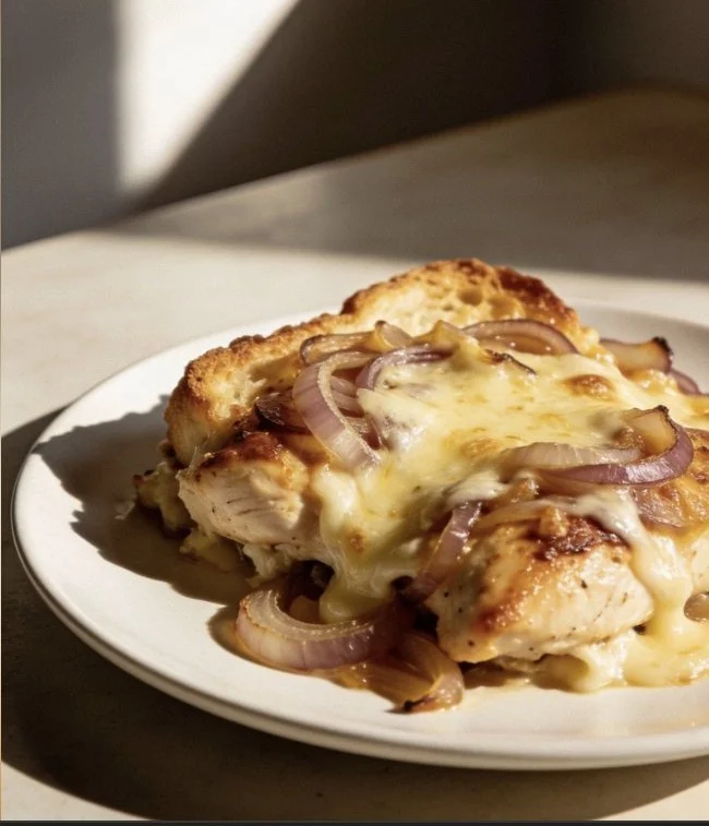 Delicious French Onion Chicken Bake topped with cheese and caramelized onions