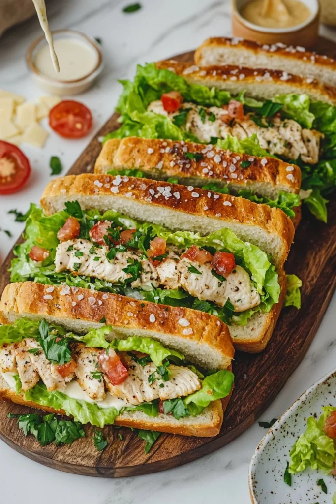 Garlic Bread Chicken Caesar Salad Subs with fresh ingredients and crispy garlic bread