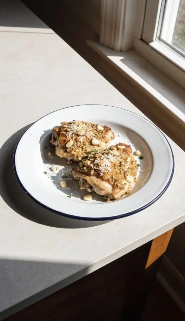 Plate of Garlic Parmesan Chicken Thighs garnished with parsley
