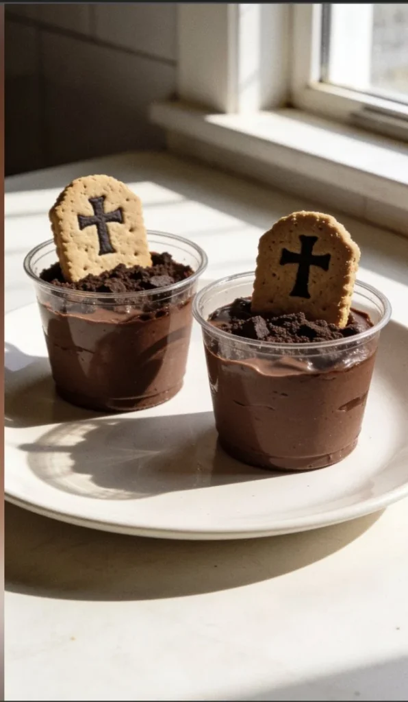 Spooky Graveyard Pudding Cups decorated for Halloween