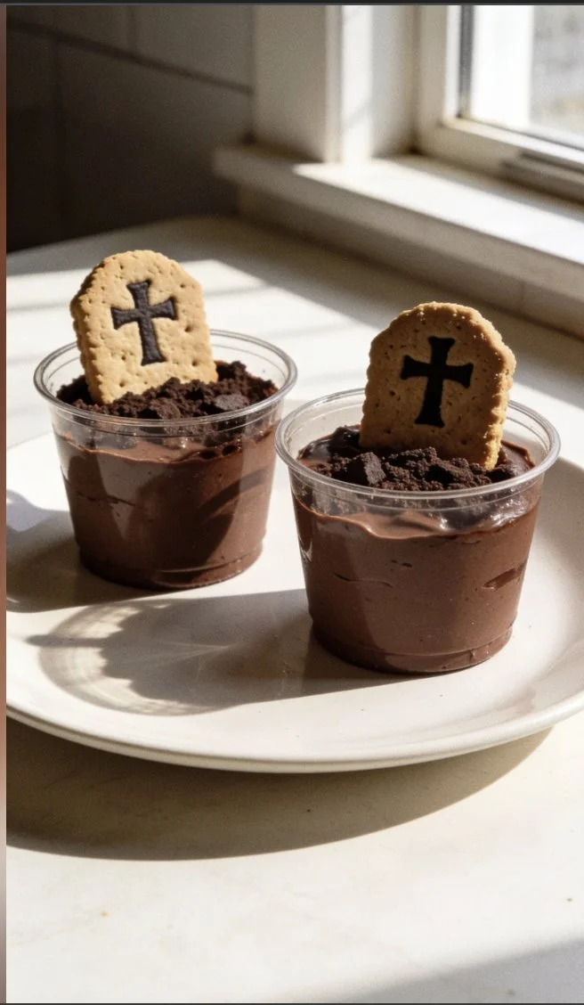 Spooky Graveyard Pudding Cups decorated for Halloween