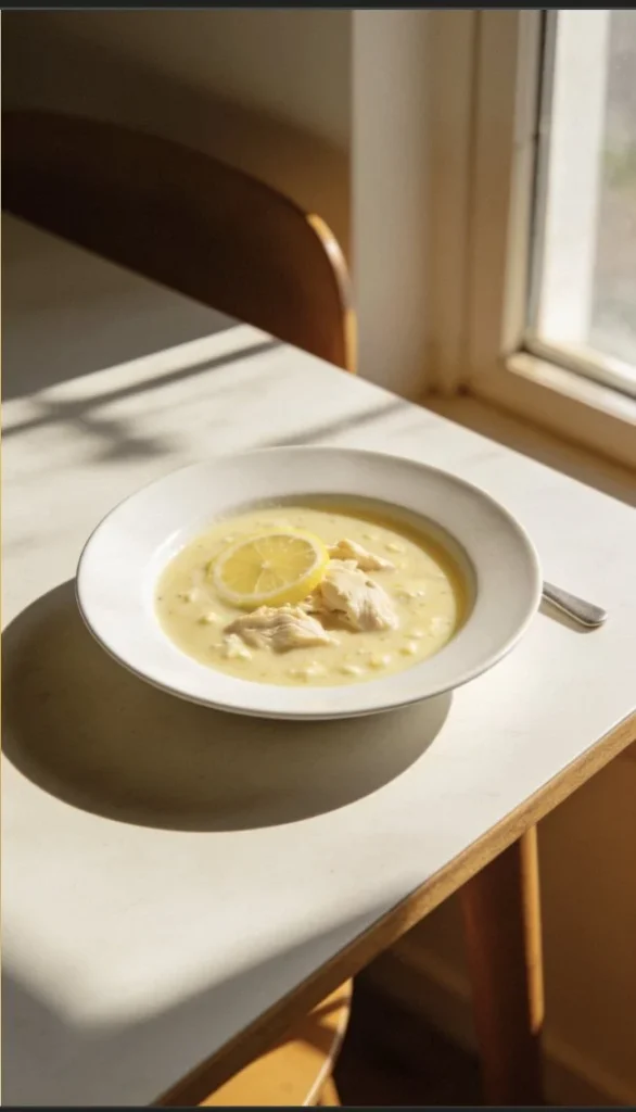 Bowl of Greek Lemon Chicken Soup garnished with fresh herbs and lemon slices