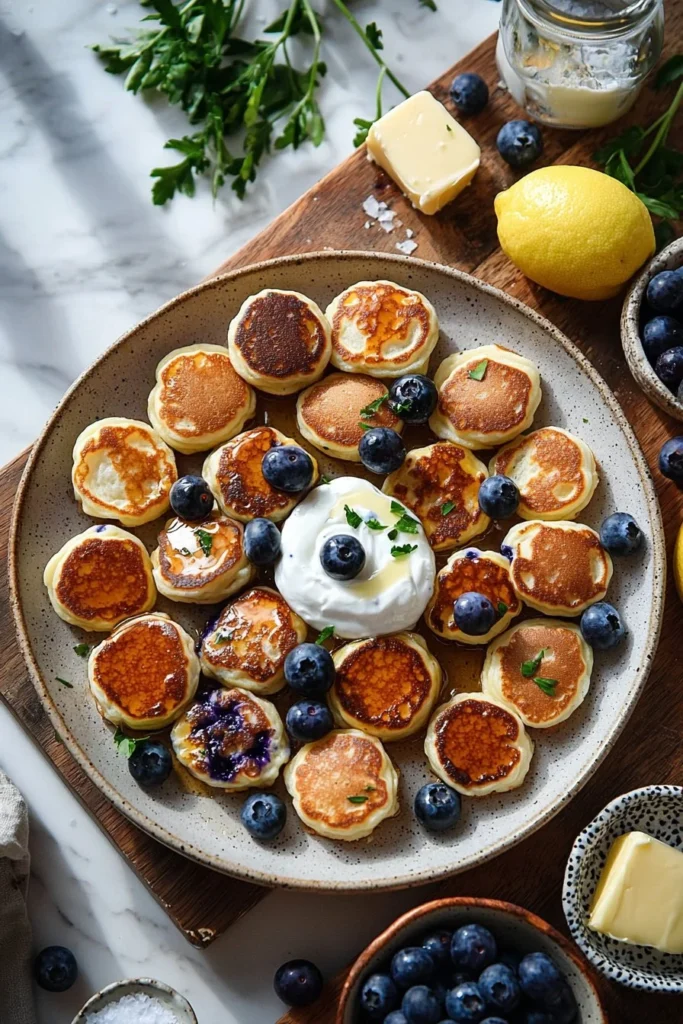 Greek Yogurt Lemon Blueberry Pancake Bites garnished with fresh blueberries