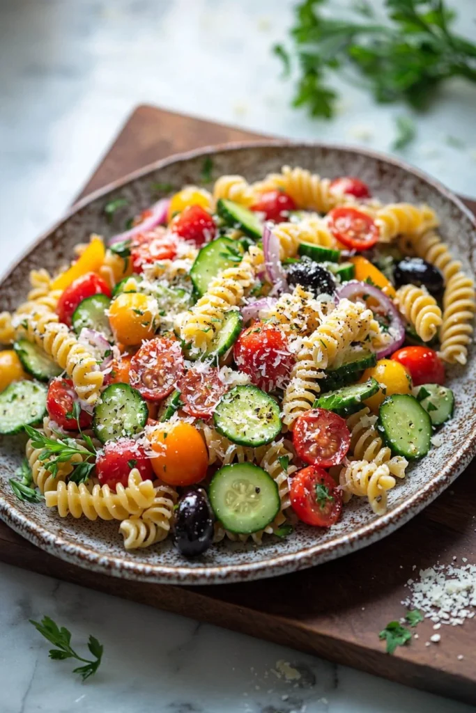 Grinder Pasta Salad with fresh vegetables and dressing
