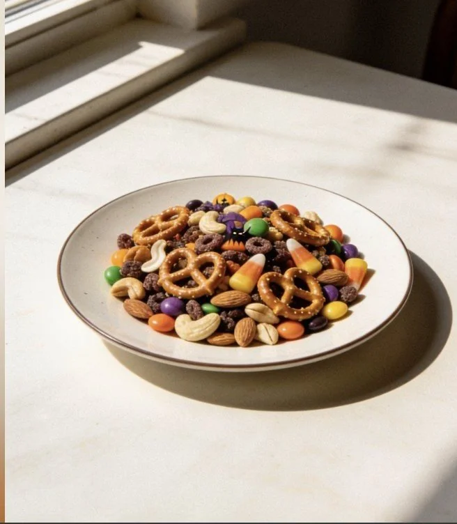 Colorful Halloween Trail Mix with candy and nuts for festive snacking