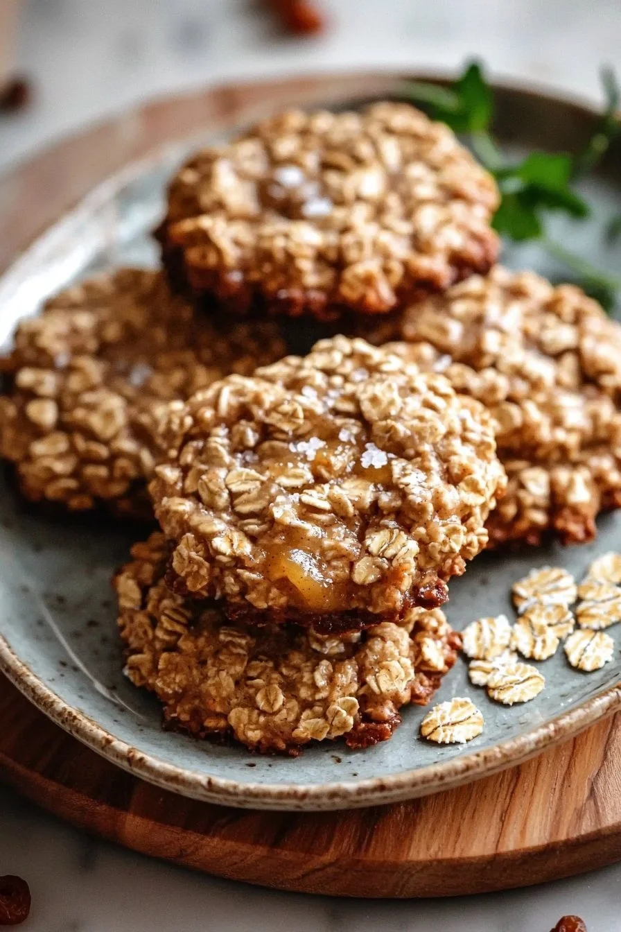 Healthy low sugar applesauce oatmeal cookies on a wooden table