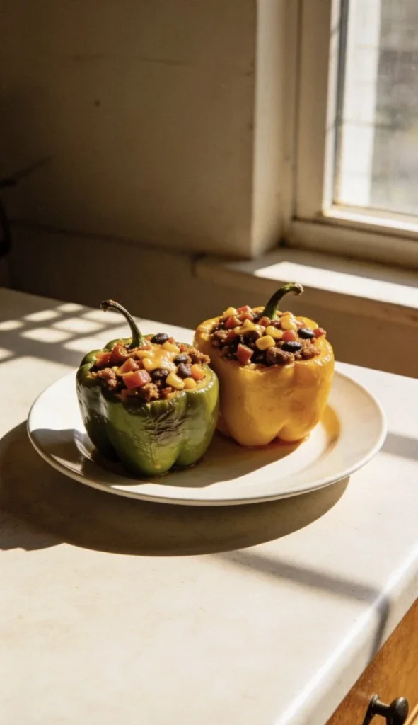 Homemade taco stuffed peppers filled with seasoned beef, cheese, and fresh toppings.