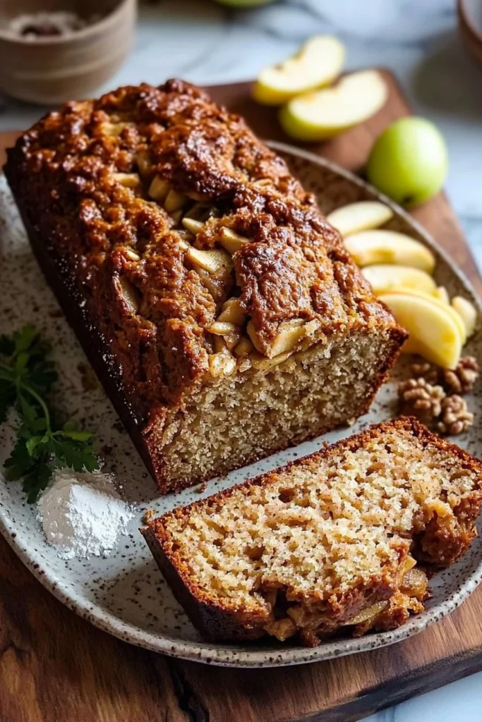 Slice of incredible apple bread with apples and cinnamon on a rustic table