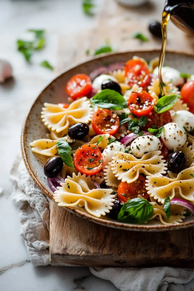 Bowl of colorful Italian Bow Tie Pasta Salad with fresh vegetables and dressing
