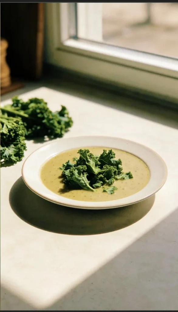 Bowl of healthy Kale Detox Soup garnished with a sprinkle of herbs and seeds.