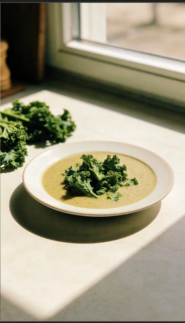 Bowl of healthy Kale Detox Soup garnished with a sprinkle of herbs and seeds.