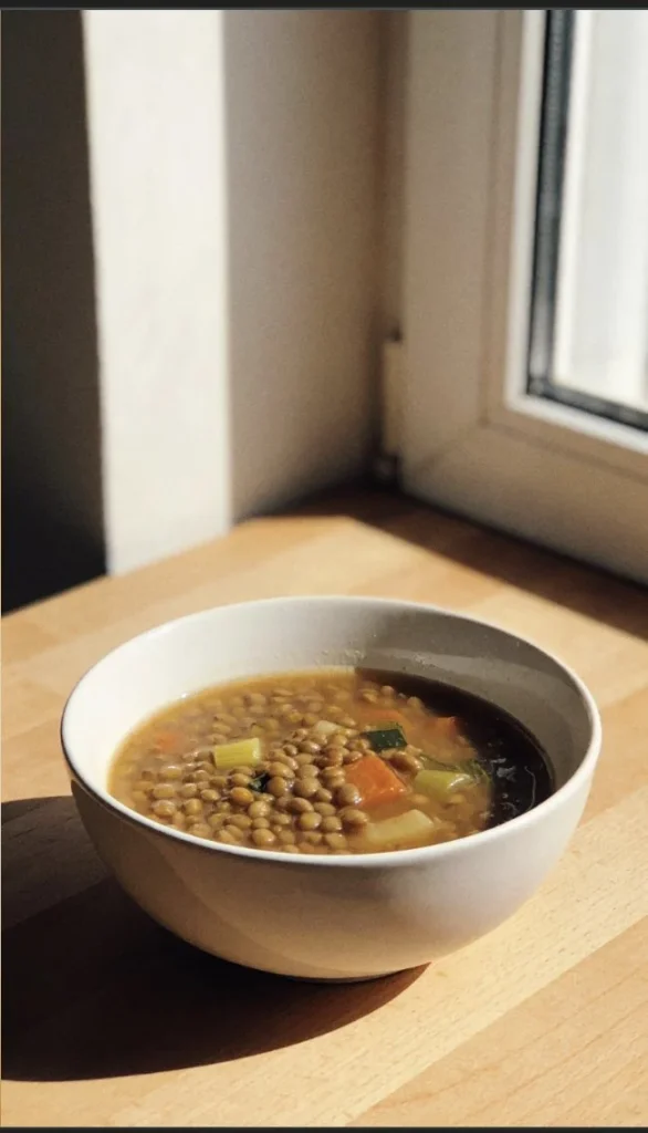 Bowl of warm Lentil Vegetable Soup with fresh vegetables and herbs