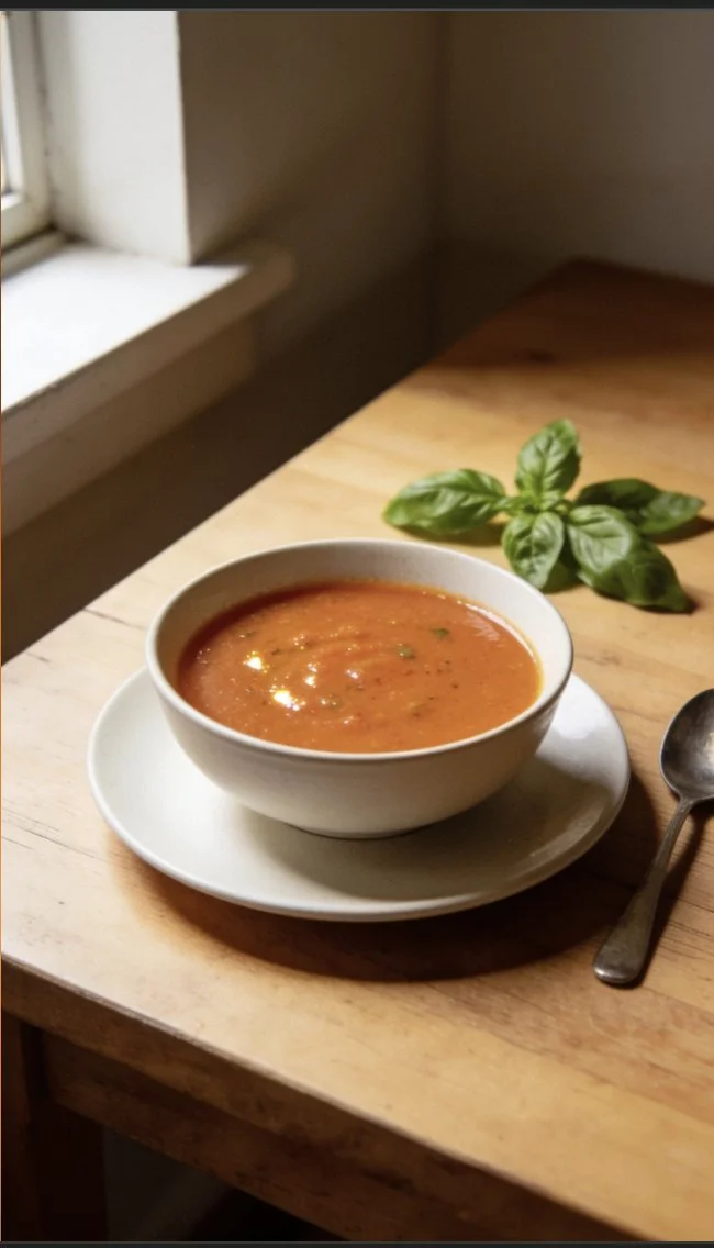 Bowl of light roasted tomato basil soup garnished with fresh basil.
