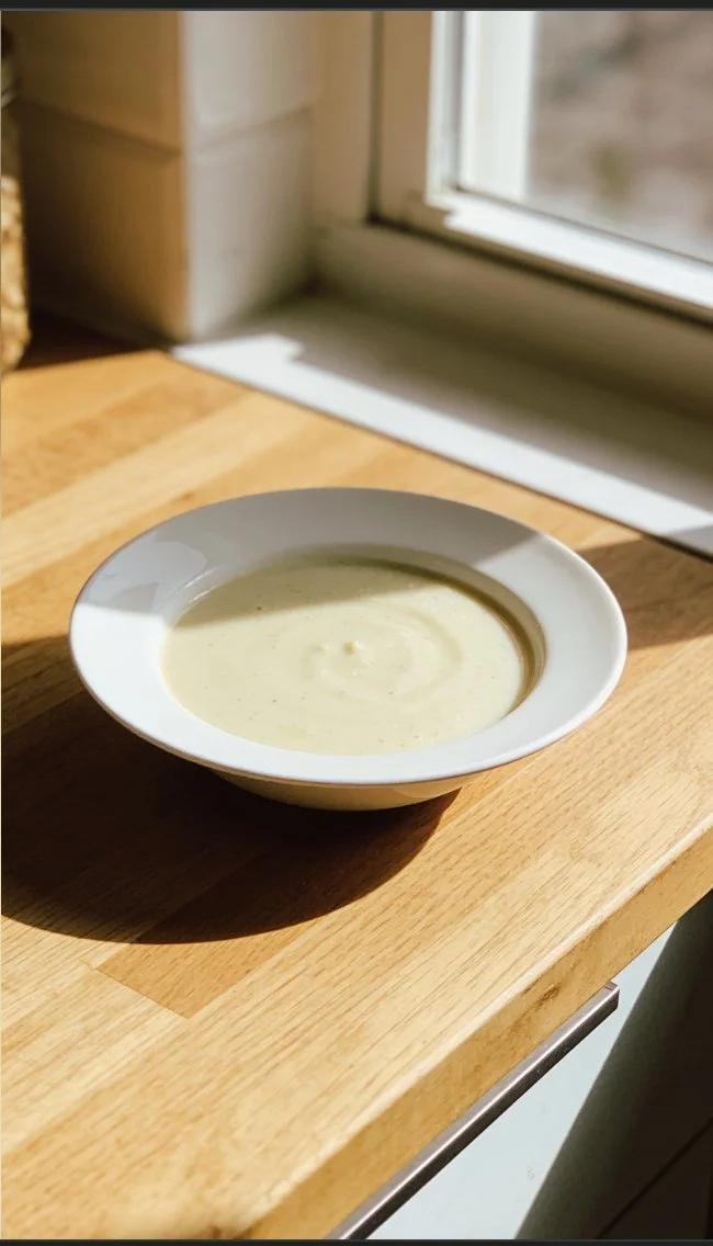 A bowl of creamy low-carb cauliflower soup topped with herbs.