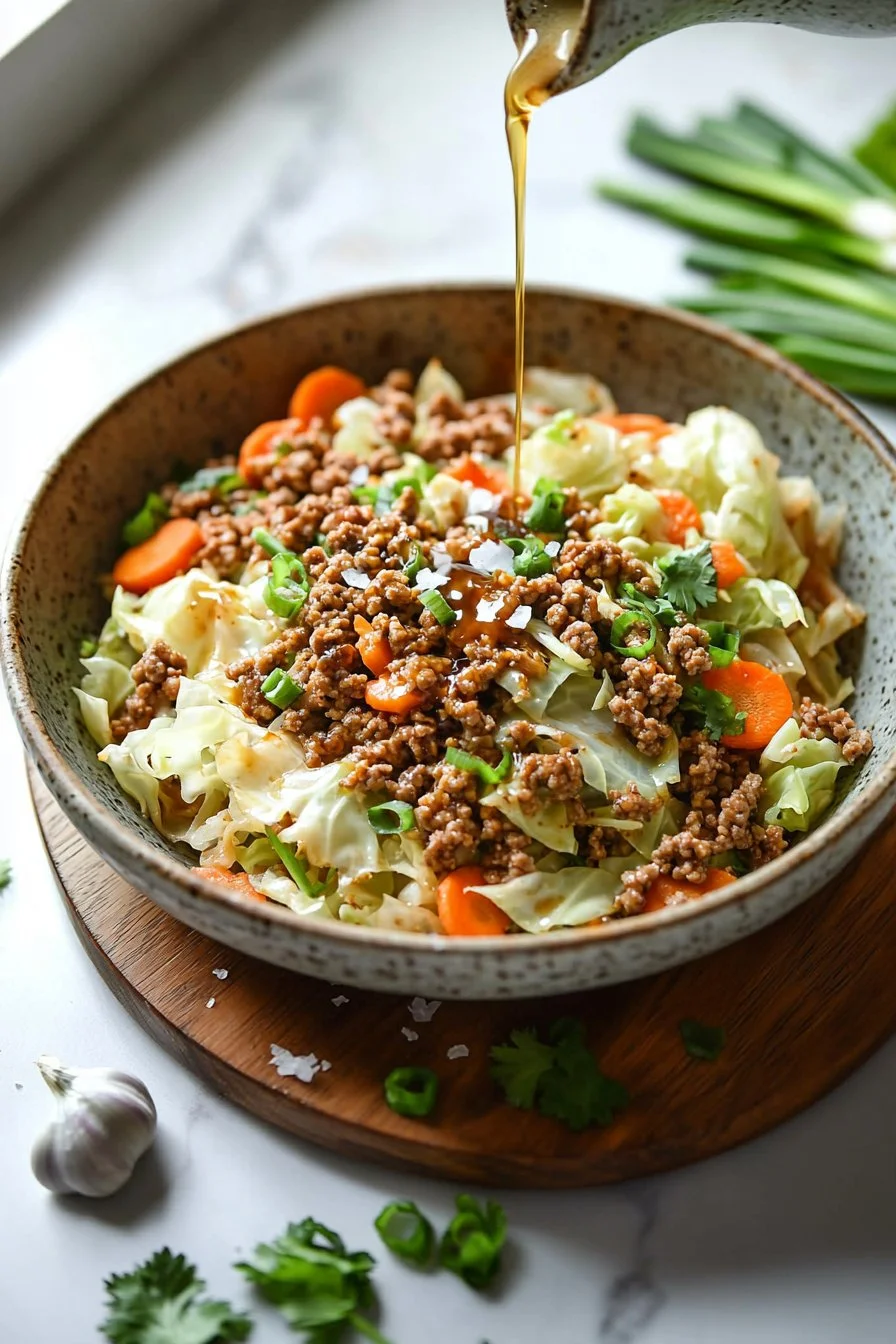 Low-Carb Egg Roll In A Bowl with fresh vegetables and savory ingredients.