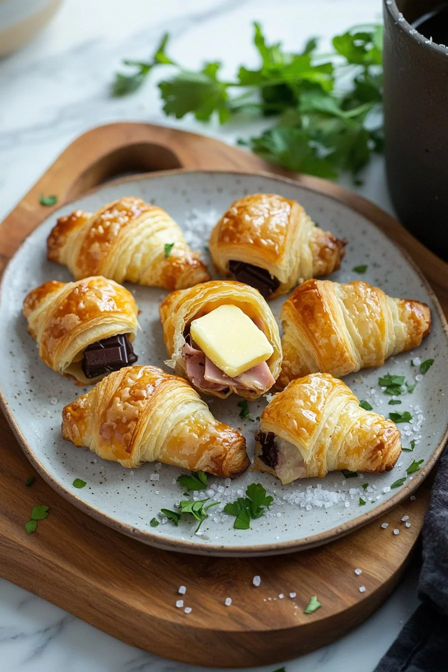 Freshly baked mini croissants on a wooden serving board