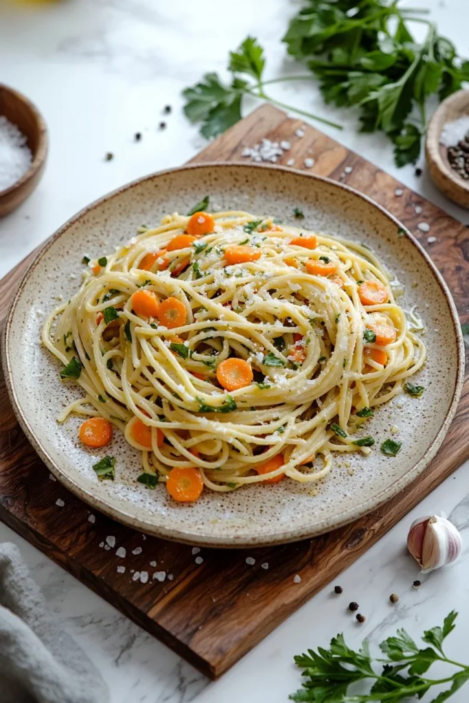 Bowl of miso carrot pasta with fresh herbs and vegetables