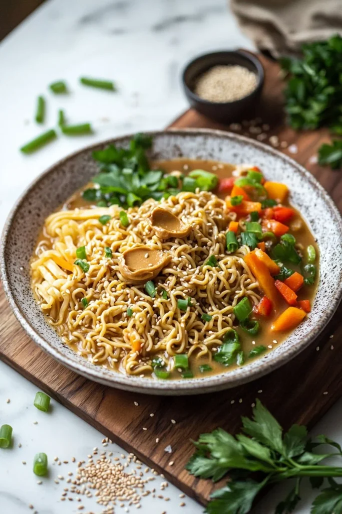 Bowl of flavorful miso peanut ramen topped with vegetables and peanuts