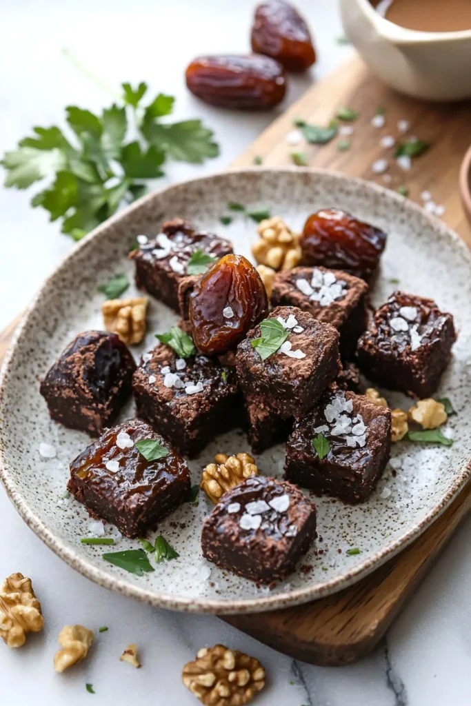 Plate of delicious no bake brownie bites ready to enjoy