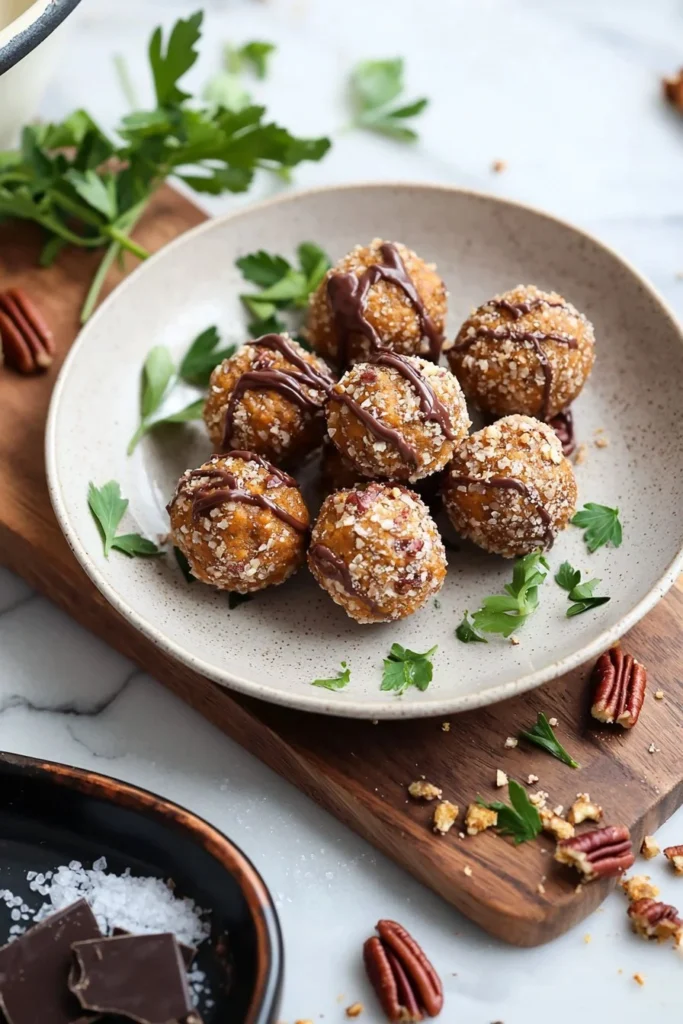 No Bake Pumpkin Cheesecake Balls garnished with spices and served on a plate.