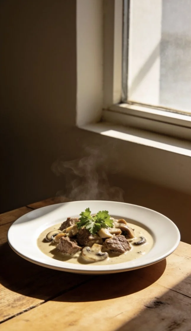 Delicious One-Pot Beef Stroganoff served in a bowl with mushrooms and noodles.