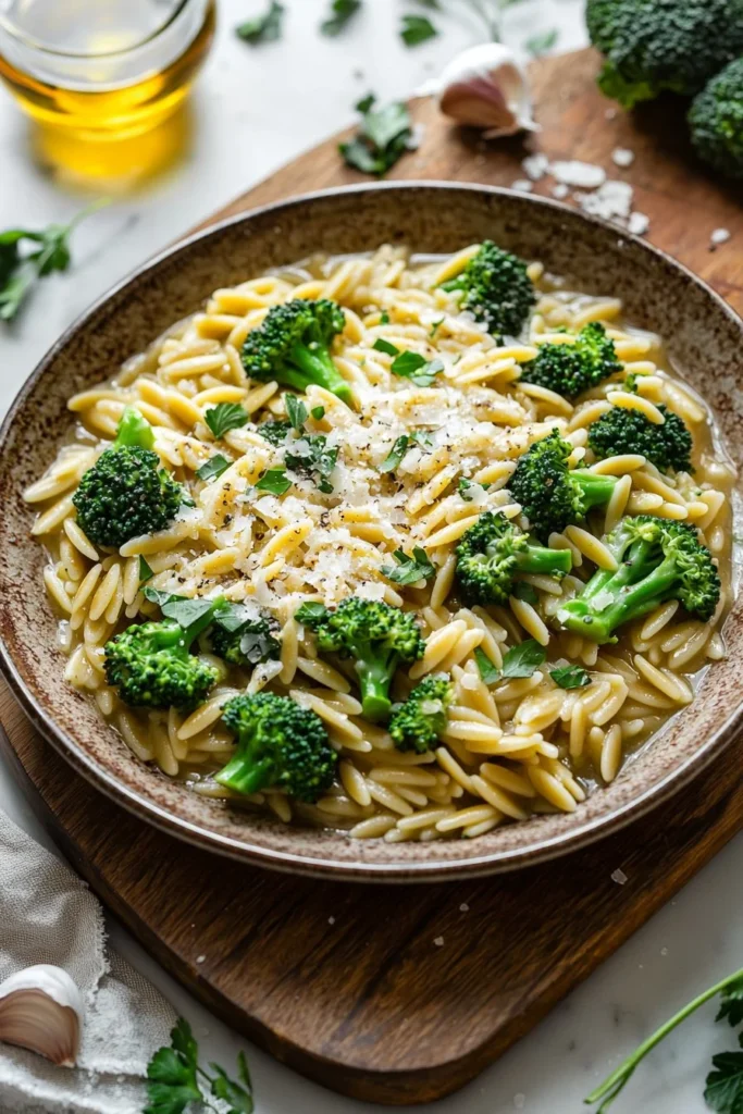 Delicious One-Pot Broccoli Parmesan Orzo served in a bowl