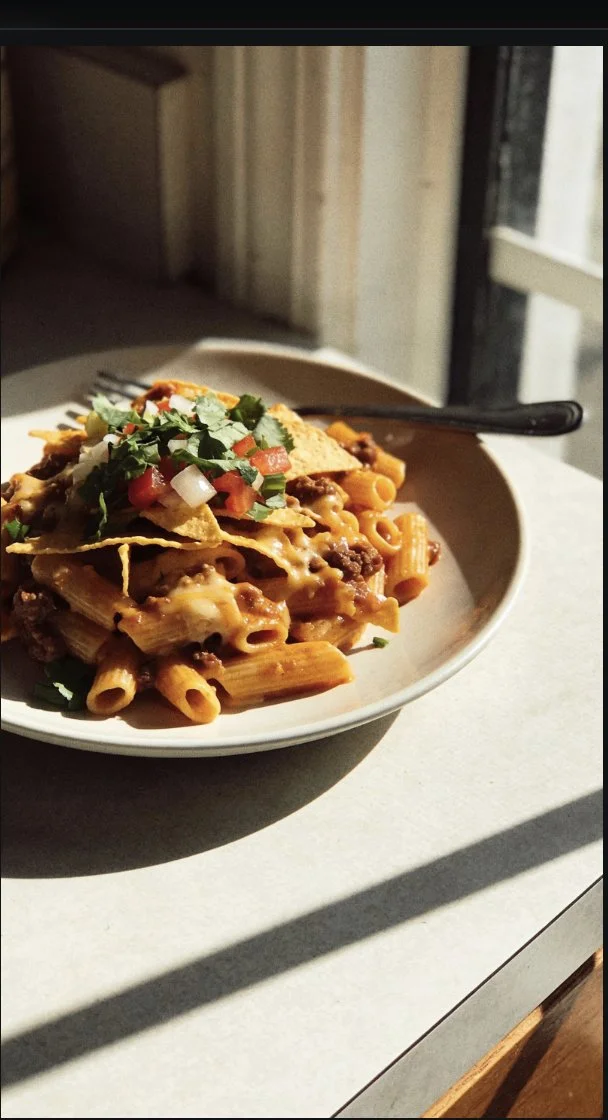 One-Pot Cheesy Taco Pasta in a bowl garnished with fresh herbs