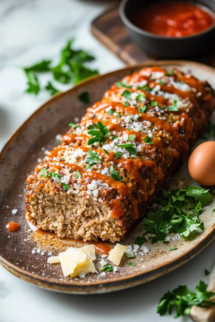 Delicious Parmesan Chicken Meatloaf served with herbs and spices
