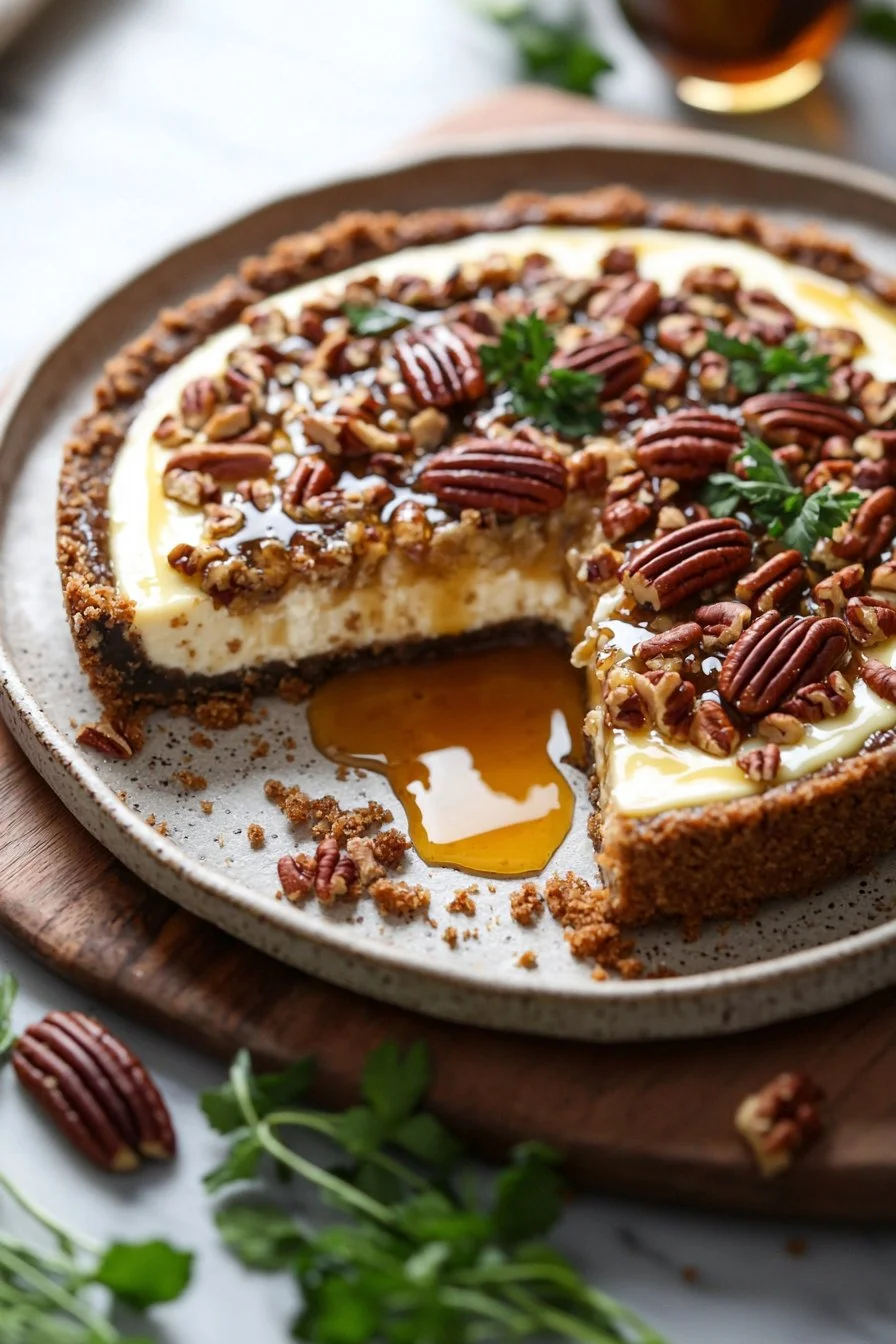 Slice of pecan pie cheesecake topped with caramel and pecans