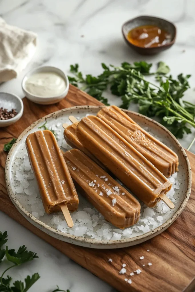 Protein-packed frozen peanut butter pops on a wooden table.