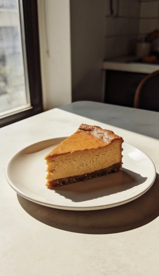 Slice of creamy pumpkin cheesecake with a dollop of whipped cream on top