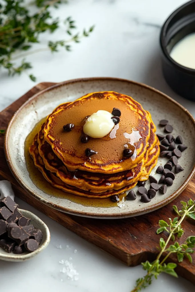 Fluffy Pumpkin Chocolate Chip Pancakes stacked on a plate with syrup