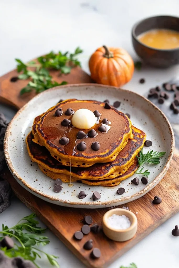 Delicious pumpkin chocolate chip pancakes stacked on a plate