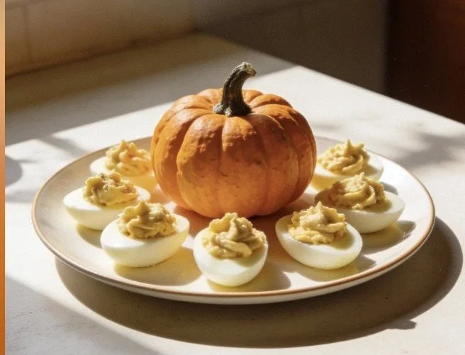 Pumpkin Deviled Eggs served on a platter for a festive fall meal