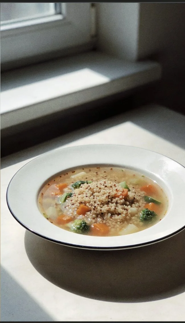 Bowl of delicious quinoa vegetable soup with colorful vegetables on a wooden table.