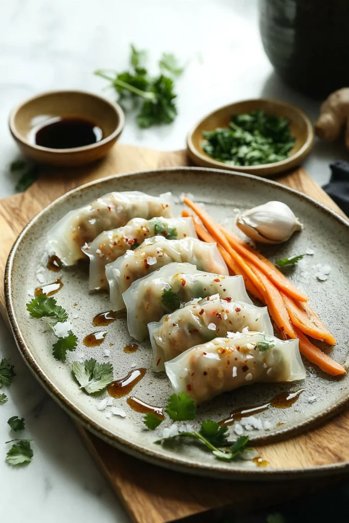 Delicious rice paper dumplings filled with fresh vegetables and herbs.